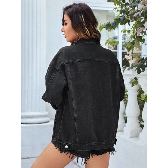 minimalist oversized Flap Pocket Denim Jacket black - Picture 2 of 5